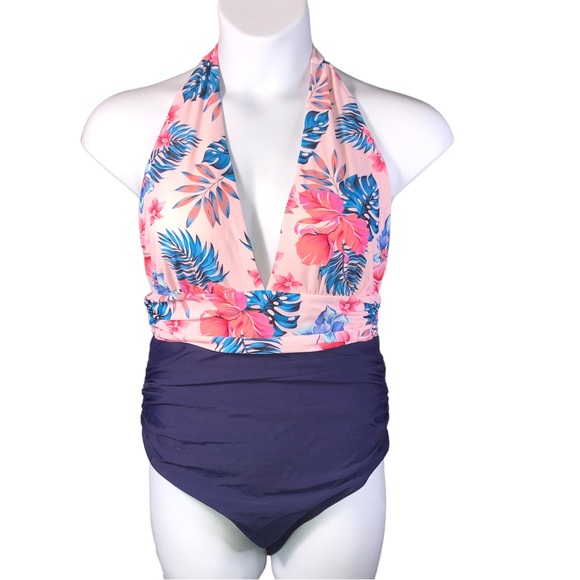 Pink Tropical Floral Deep V-Neck One Piece Swimsuit Retro Vintage PLUS SIZE XXL - Picture 3 of 5